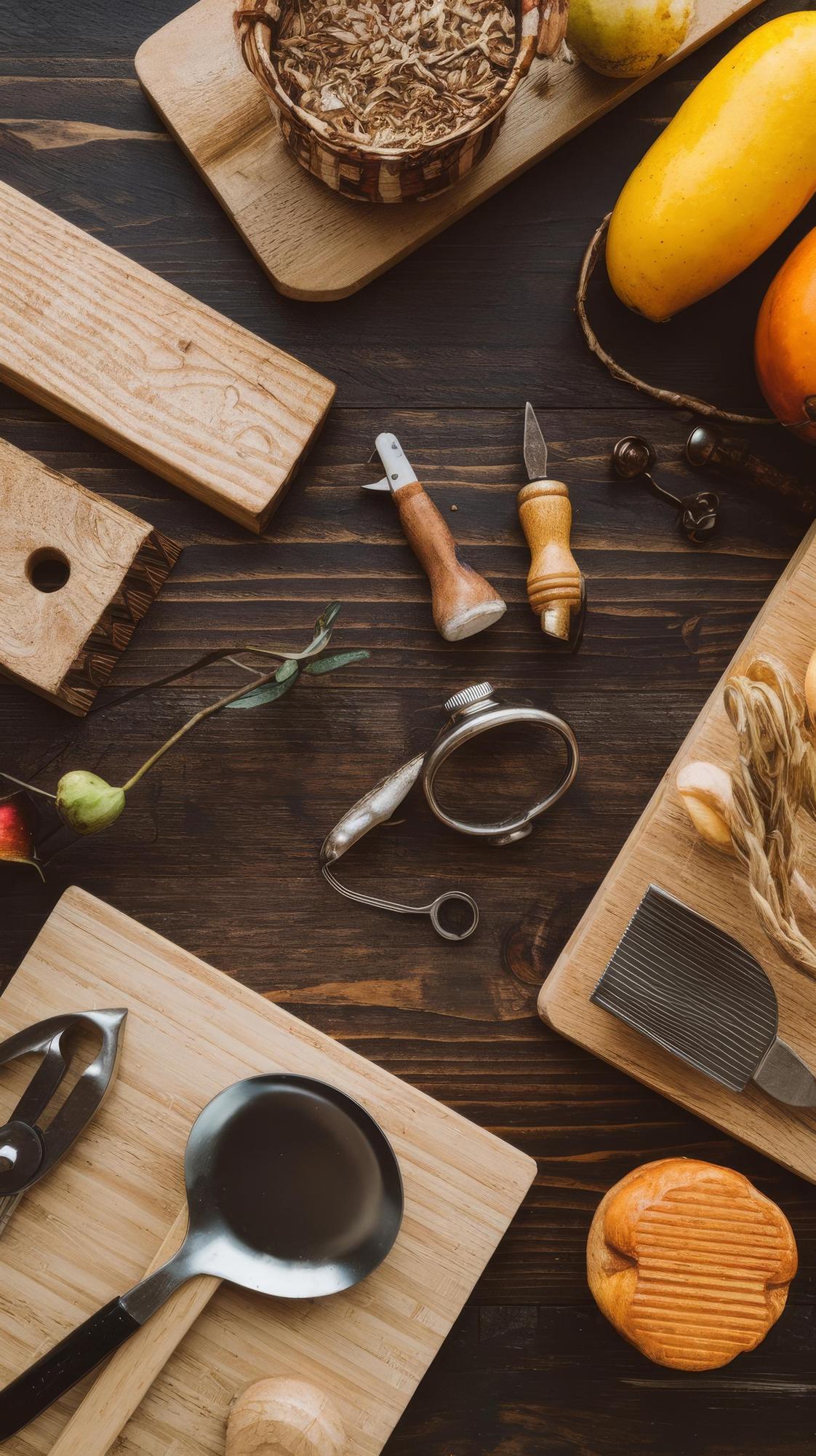 Workshop kitchen bench with utensils and ingredients